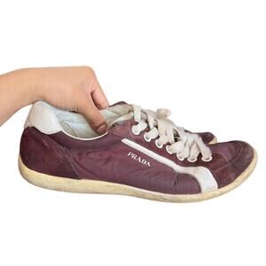 Prada Shoes Lace Up Round Leather Nylon Red Size 9 Sneakers